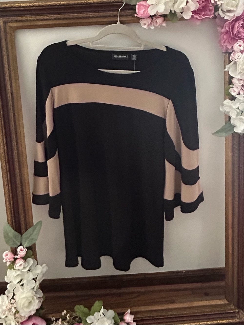 Nina Leonard Black Top with Beige Stripe Accents